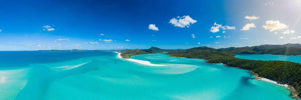multiple shades of blue green and aqua water at Whitehaven Beach