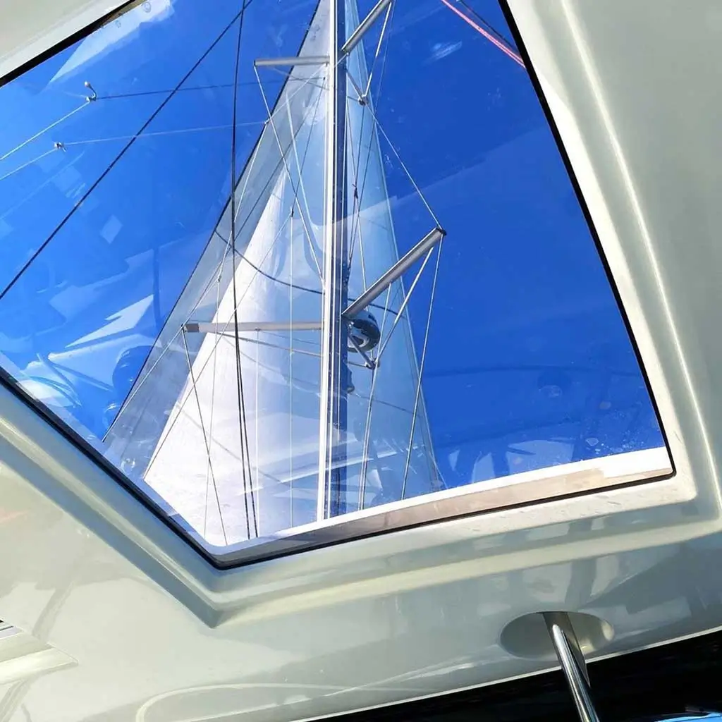 looking up from the bedroom to the rig and sail